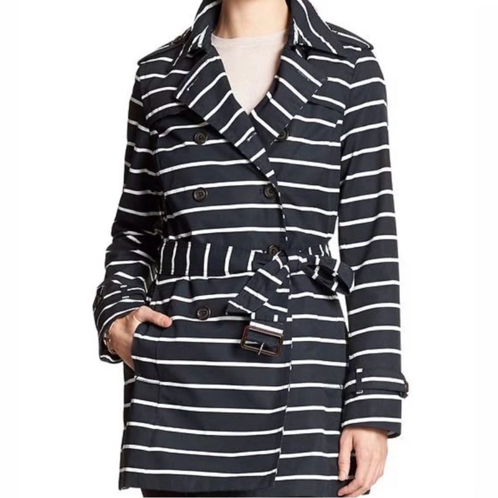 Banana Republic Navy and White Striped Trench Coat Size PM